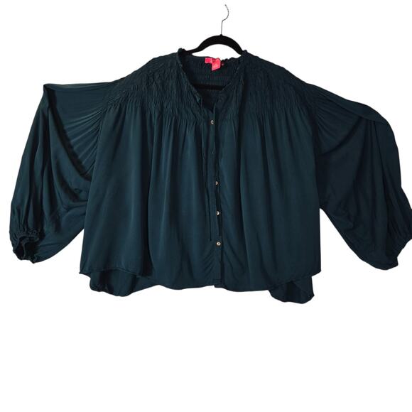 Catherine Malandrino Womens Teal Blue Smocked Peasant Blouse XL Poet‎ Sleeve Top - Picture 6 of 13